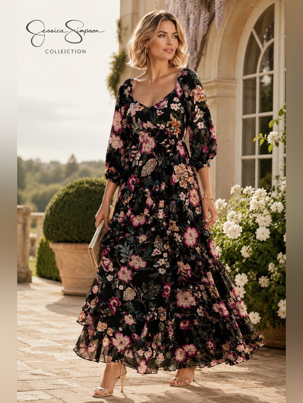 Jessica Simpson NWT Damia Maxi Dress XL Arcadina Bloom Black Floral Tiered